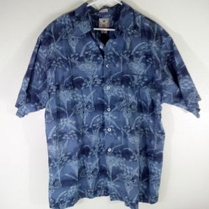 Men's XL Hawaiian Camp Shirt Luau Dark Blue 100% Cotton Hibiscus Flowers